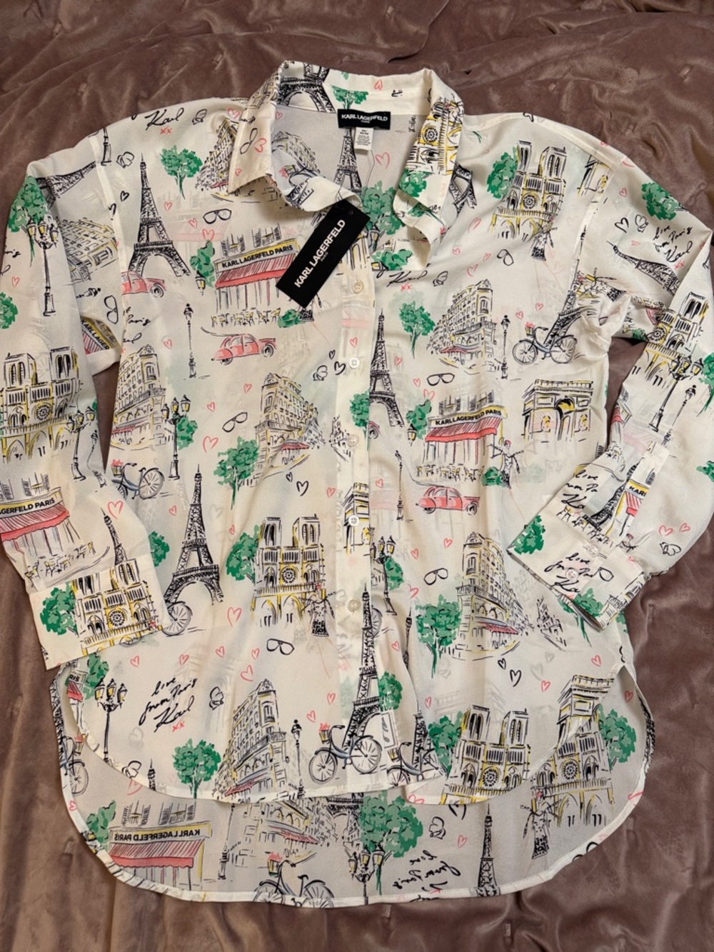Karl Lagerfeld White Paris Landmark Print Button-Down Shirt
